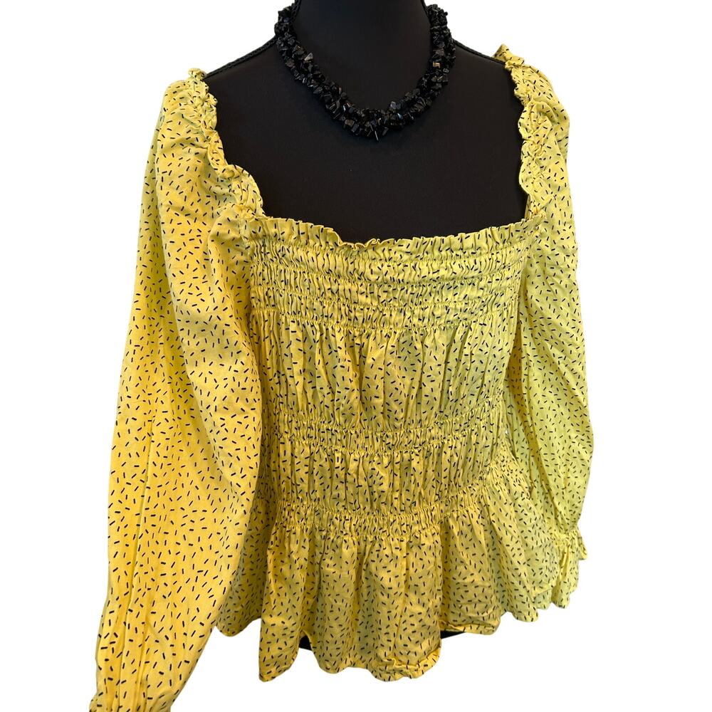 Who What Wear Yellow Ditsy Dash Smocked Peplum Blouse Large Puff Sleeve Boho Top